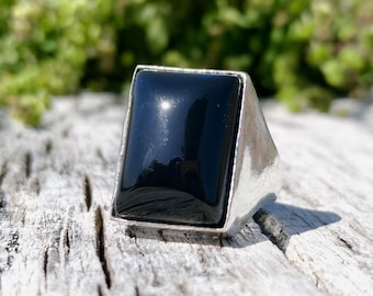 Natural Black Onyx Ring | 925 Sterling Silver Rectangle Gemstone Ring | Men’s Statement Band