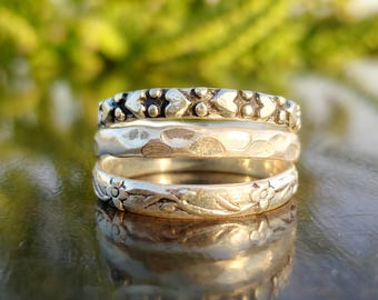 Textured 925 Sterling Silver Stacking Rings Set • Boho Minimalist Bands Handmade Dainty Everyday Jewelry