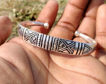 Tuareg Cuff Bracelet Ethnic Berber Tribal Jewelry Boho Geometric Engraved Oxidized Silver Open Bangle