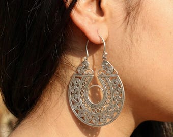 Tribal Silver Spiral Hoop Earrings || Large Ethnic Bali Style || Bohemian Filigree Dangle Gift Jewelry