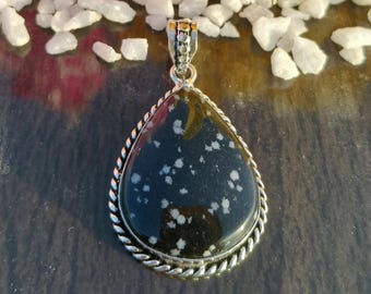 Snowflake Obsidian Pendant | Teardrop 925 Sterling Silver Necklace | Valentine's Day Gift Jewelry