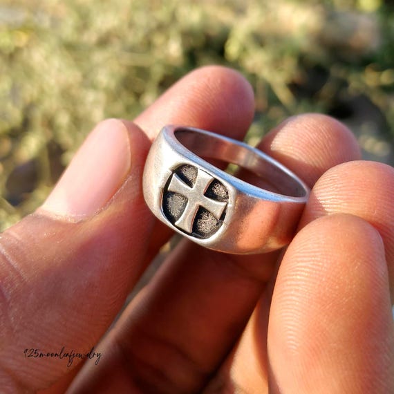 925 Sterling Silver Cross Ring for Men - Vintage Templar Signet Ring - Christian Jewelry Gift