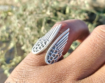 Silver Angel Wing Ring, Adjustable Feather Wrap Band, Guardian Angel Jewelry, Unique Spiritual Gift