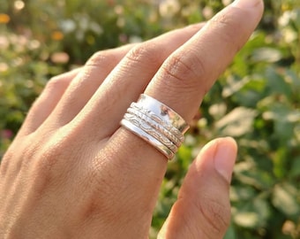 925 Sterling Silver Spinner Ring, Meditation Fidget Anxiety Jewelry, Wide Band Carved Pattern