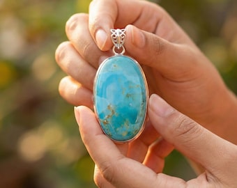 Large Kingman Turquoise Sterling Silver Pendant Necklace | Oval Statement Gemstone | Arizona December Birthstone
