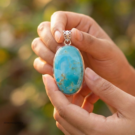 Large Kingman Turquoise Sterling Silver Pendant Necklace | Oval Statement Gemstone | Arizona December Birthstone