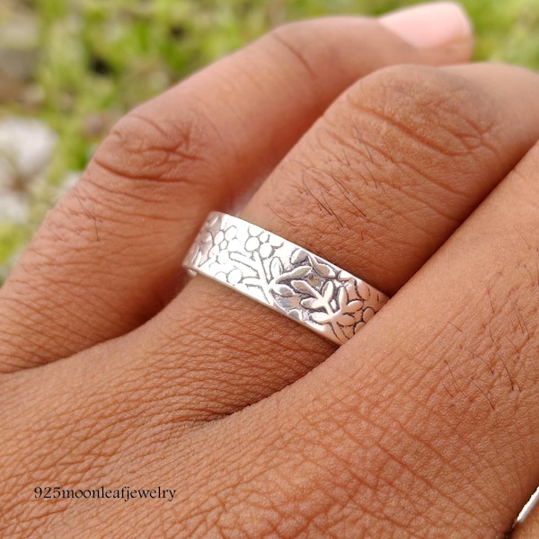 925 Silber Floral Bandring | Handgemachte Blumen Muster Ring | Boho Botanischer Schmuck für Frauen
