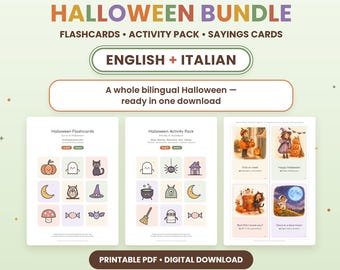 Halloween-Unterrichtsaktivitäten (Englisch/Italienisch): Bingo, Labyrinth, Karteikarten, Redewendungskarten, Wortsuche, druckbare PDF-Datei für Kinder