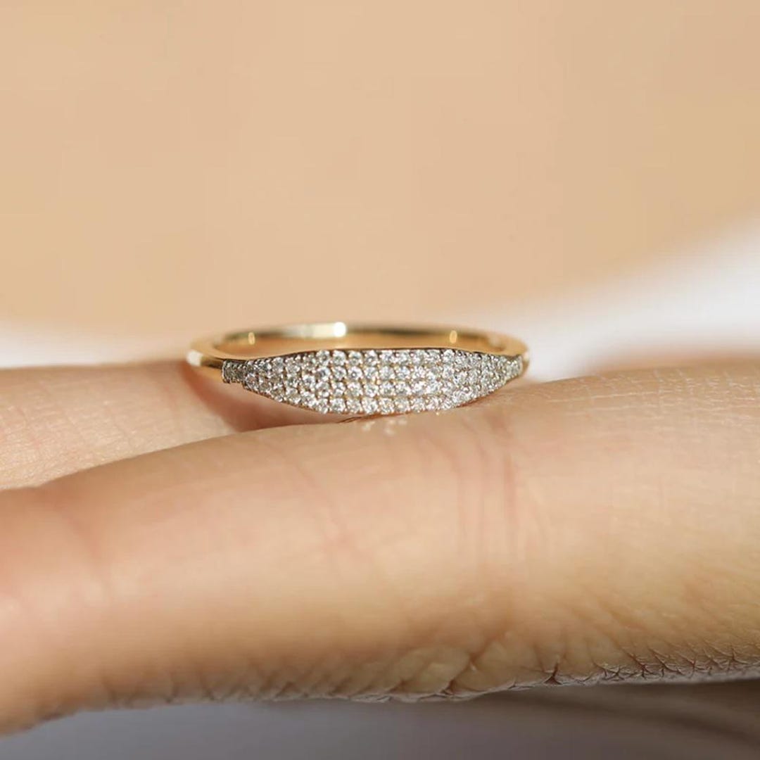Pavé Signet Ring, Stacking Ring, Minimalist Ring, Gold Signet Ring ...