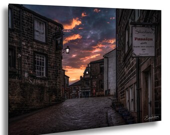 Haworth Main Street at Sunrise West Yorkshire England | Historic British Village Photography Print | Old Town Architecture Wall Art