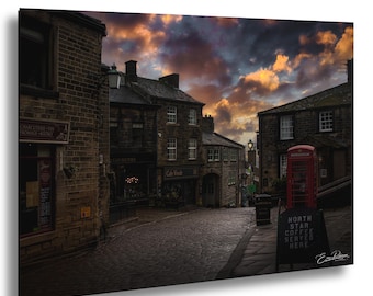 Haworth Street Scene at Sunrise West Yorkshire England | Historic British Village Photography Print | Old Town Architecture Wall Art