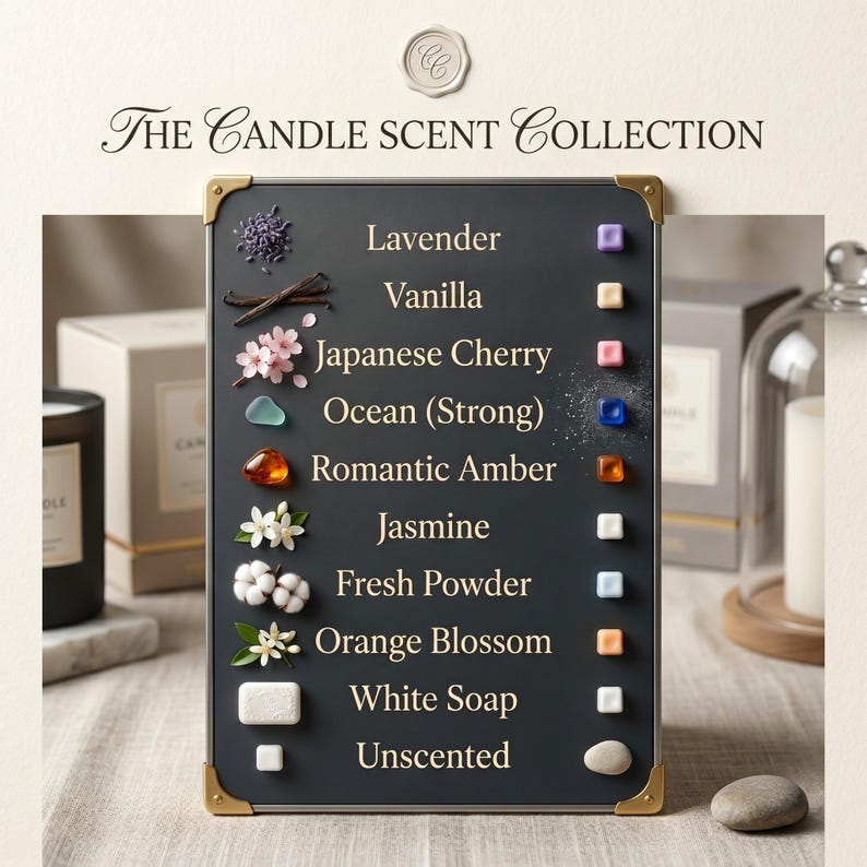 May include: A dark grey display board with gold corners showcases candle scents: Lavender, Vanilla, Japanese Cherry, Ocean, Romantic Amber, Jasmine, Fresh Powder, Orange Blossom, White Soap, and Unscented. Each scent has a sample and colour.