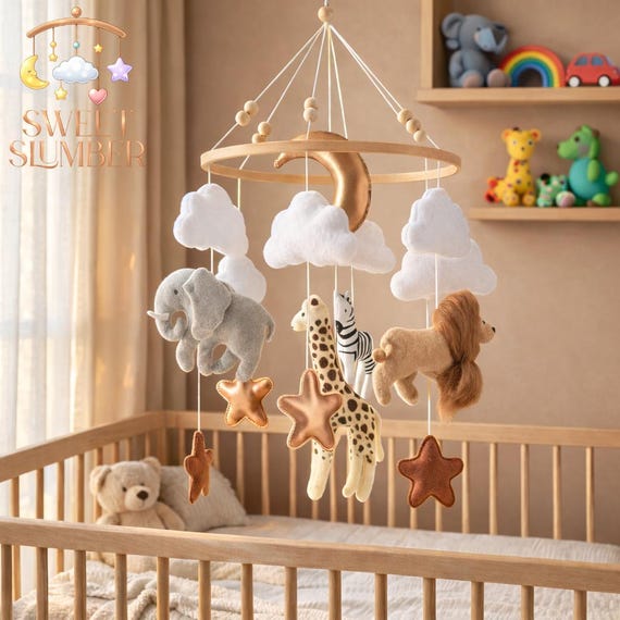 Safari Baby Mobile | Neutral Felt Animals | Elephant, Lion