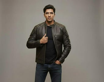 Brown Real Leather Handmade Biker Quilted Style Motorcycle Sheep Leather Cafe Racer Men's Leather Biker Jacket