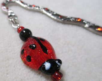 Ladybug Bookmark Red Rhinestone Sparkle Beaded Metal Back to School