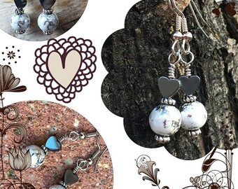 Hematite Heart Earrings Mottled Splatter Graffiti White Silver Valentine Gift for Her