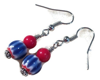 Red, White and Blue Patriotic Coral and Ceramic Dangle Earrings