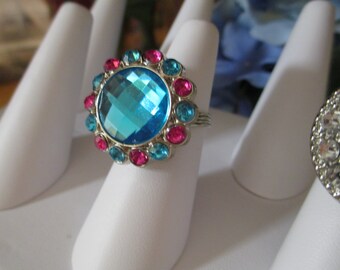 Sparkly New Mom Pink and Blue Rhinestone Button Wire Wrapped Bling Ring Gender Reveal
