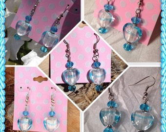 Heart Earrings Foiled Glass Frosty Cool Swim Ice Blue Water Dangle