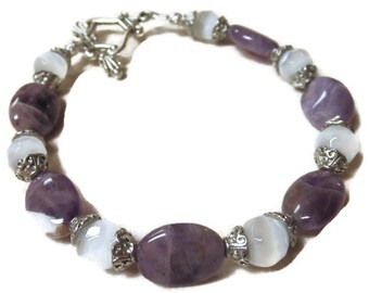 Oval Amethyst and Faceted Cats Eye Bracelet