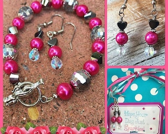 Rose Bracelet Earring Jewelry Set Fuchsia Pink Silver Hematite Hearts Valentine Gift for Her