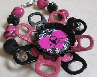 Recycled Soda Pop Tab Bottle Cap Charm Bracelet Pretty Poison 2 Halloween Skull Flower