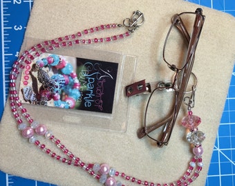 Eyeglass Lanyard Necklace Rose Pink and White Badge Holder