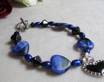 Black and Blue Heart Bracelet Valentine Glass Freshwater Pearl Charm and Toggle Clasp