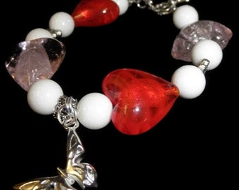 Hearts-A-Flutter Pink Red Butterfly Charm Bracelet