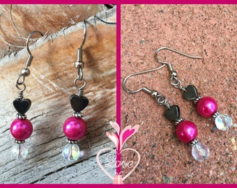 Fuchsia Hematite Hearts Earrings Pink Silver Valentine Gift for Her