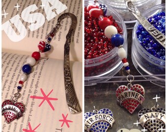 USA Eagle Flag Patriotic Pewter Beaded Dangle Bookmark Airforce Navy Marines Military Back to School