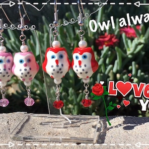 Valentine Owl Dangle Drop Earrings Pink Red, Owl Always Love You