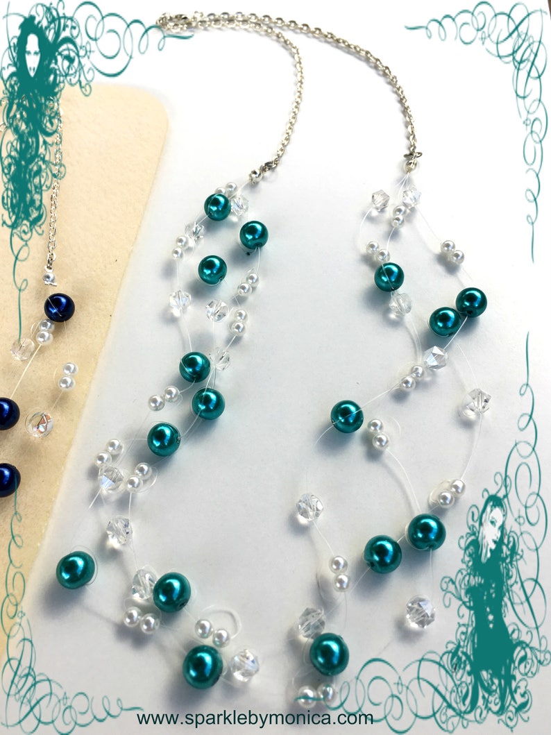 Chained Illusion Necklace Floating Glass Pearl & Crystal Multi-strand image 4
