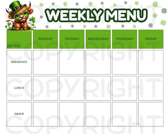 Planificador de menú semanal de marzo del duende del Día de San Patricio