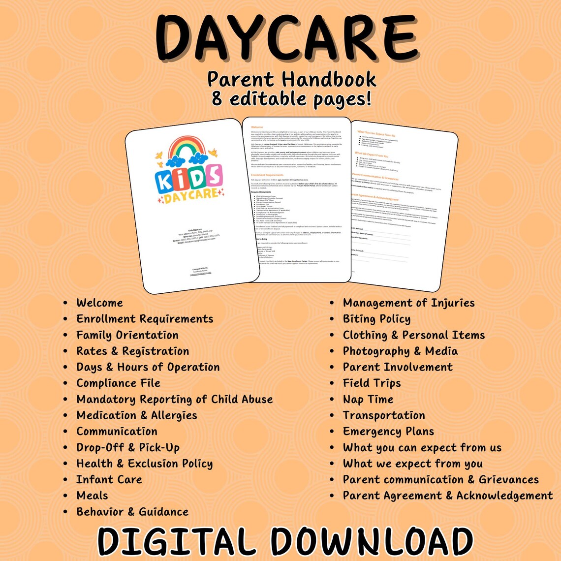 Editable Daycare Parent Handbook Template Etsy
