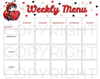 Planificador de menú semanal del Día de San Valentín con Ladybug Valentine Love