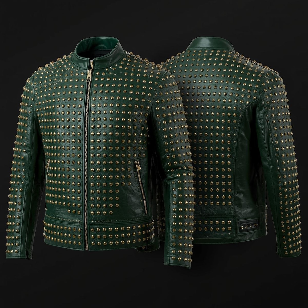 Emerald Jacket Men’s Emerald Green Real Leather Jacket | Heavy Golden Studded ...