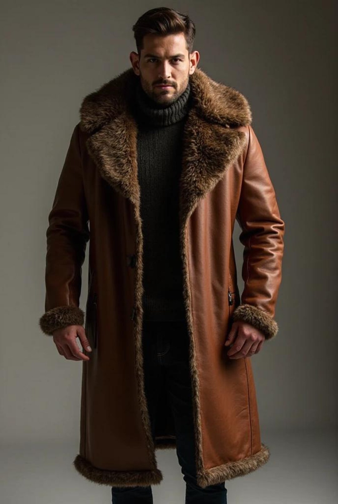 Men's Luxury Shearling Brown Leather Coat With Faux Fur Collar & Trim — free download