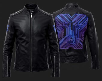 May include: Black leather jacket with a stand-up collar, silver zipper, and studded shoulder accents. The back of the jacket features a circuit board design in blue and purple. The jacket has a modern, edgy style.