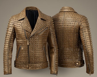 Handmade metallic golden leather Jacket | Studded Shoulders, sleeves gift for him