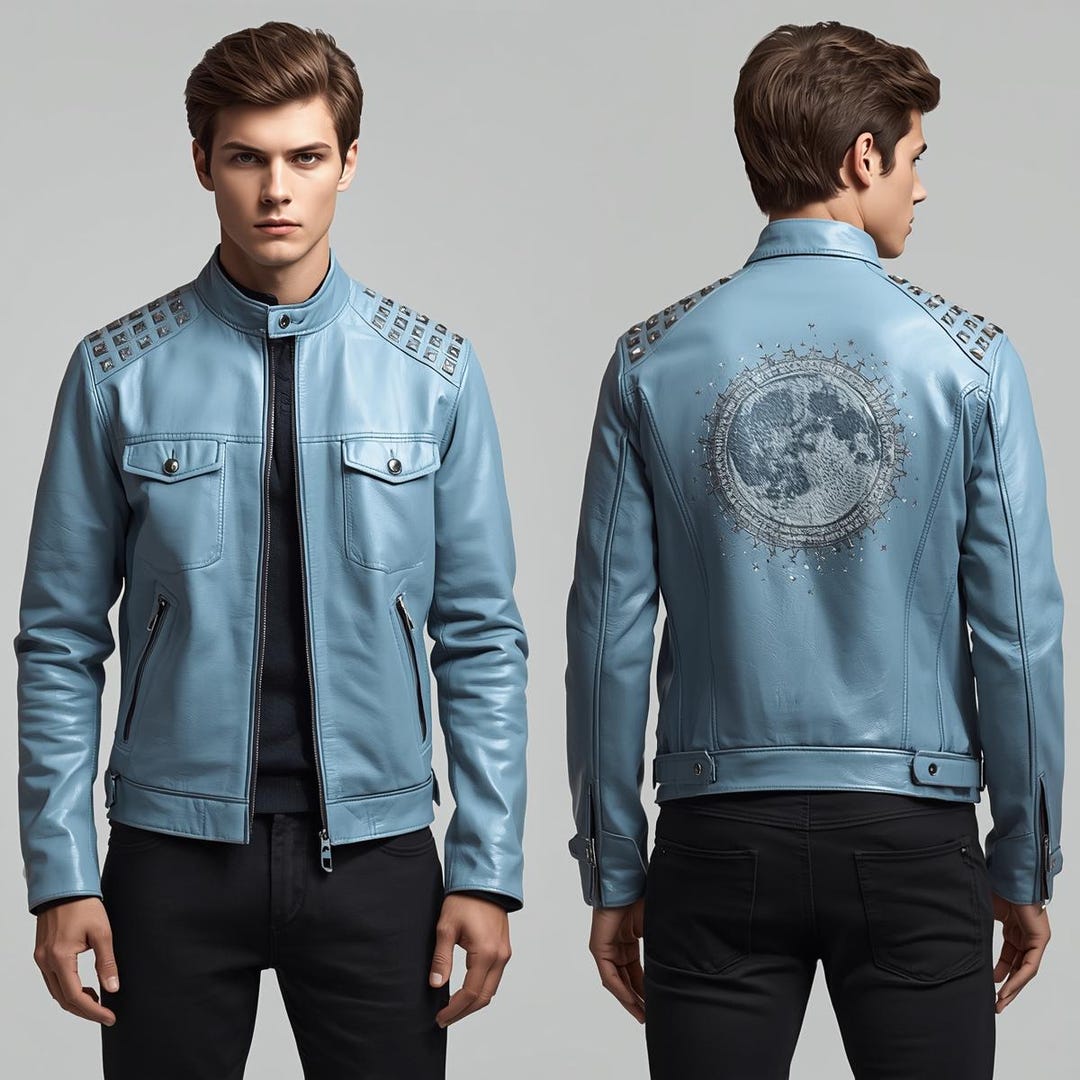 Modern Men's Light Blue Leather Biker Jacket With Moon & Stud Detail ...