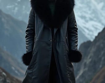 May include: A long, black leather coat with a large fur collar and fur cuffs. The coat is buttoned up and worn outdoors with a mountain backdrop. The person is wearing a green turtleneck underneath.