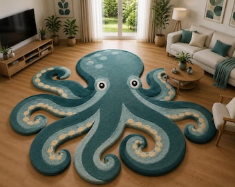 Alfombra con forma de pulpo, alfombra infantil con animales marinos, alfombra tejida a mano para guardería o sala de juegos.
