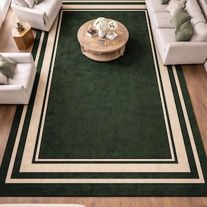 Luxury Hand-Tufted Wool Rug Dark Green Carpet with Beige Border Custom Size Available