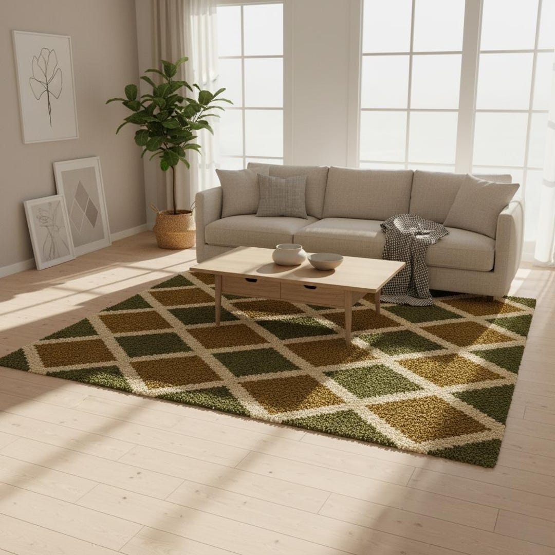 Green & Brown Geometric Grid Handmade Rug | Modern Square Pattern ...