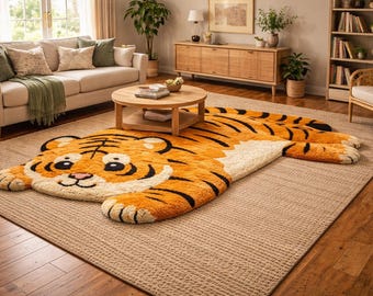 Tiger Kids Rug, Animal Shaped Plush Carpet for Nursery & Playroom, Soft Tufted Baby Play