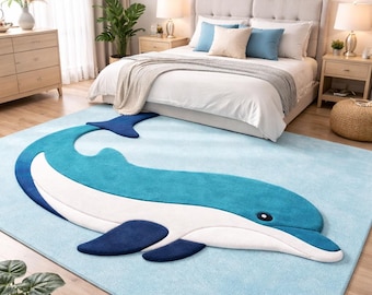 Alfombra infantil con diseño de ballenas oceánicas – Alfombra suave azul tejida a mano para guardería y sala de juegos / Tiburones ballena modernos