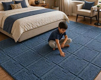 Luxury Modern Geometric Blue Tufted Carpet Soft Area Rug for Living Room & Bedroom