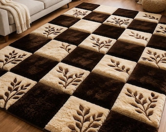 Alfombra de lana de lujo tejida a mano con diseño de tablero de ajedrez en tonos marrón y crema con estampado floral / Suave y mullida para dormitorio moderno