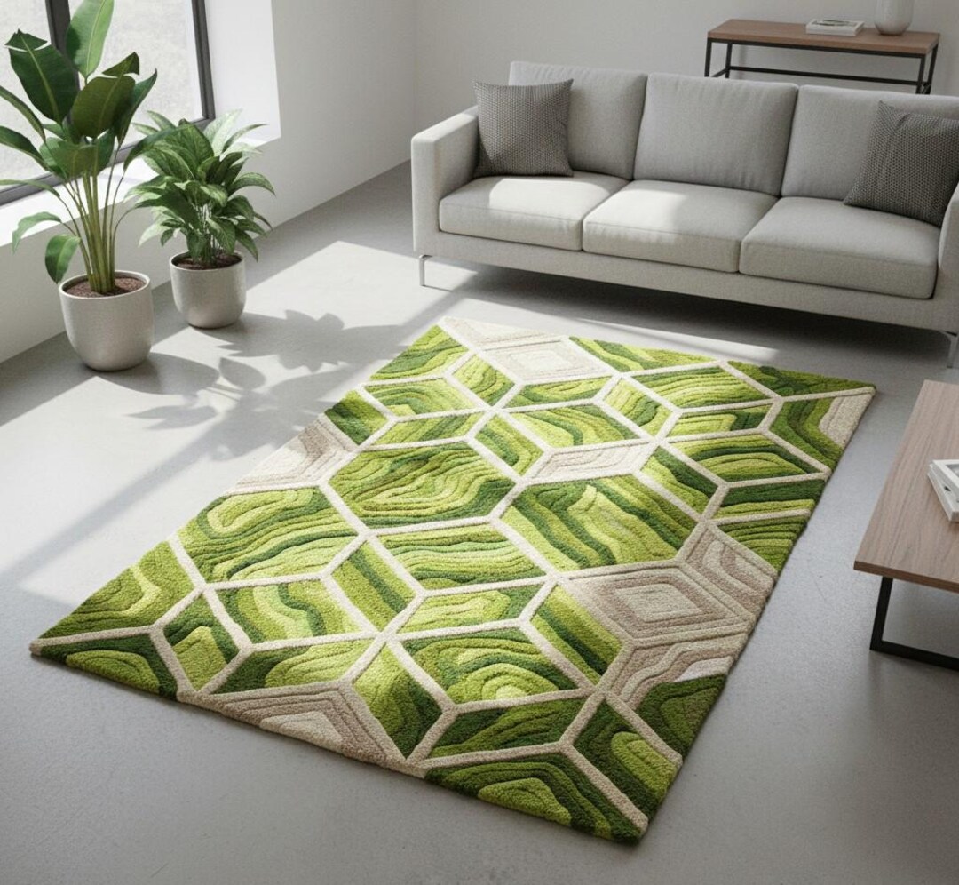 Modern Green Geometric Tufted Rug | 3D Hexagon Moss-inspired Area ...